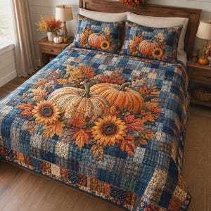 Könnte beinhalten: Eine Bettdecke und zwei passende Kissenbezüge mit einem blau-braunen Karomuster im Patchwork-Stil. Die Bettwäsche ist mit großen Druckmotiven von orangefarbenen Kürbissen, gelben Sonnenblumen und herbstlichen Blättern in Rot- und Goldtönen verziert.