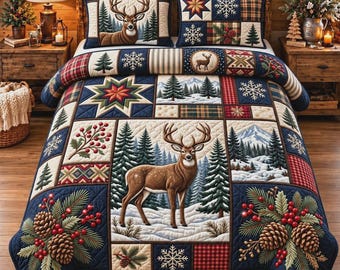 Juego de ropa de cama con diseño de ciervos invernales, colcha rústica con motivos de bosque, decoración para dormitorio con temática de cabaña nevada, detalles navideños para el hogar.