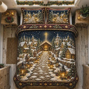 May include: A quilt and two matching pillow shams featuring a dark blue night sky with a bright star above a snowy village scene. The design includes stone houses, pine trees, lanterns, and figures, all bordered by a dark red and gold trim.