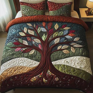 Tree Quilted Bedding, Boho Nature Quilt, Patchwork Tree Bedspread, Polyester, 3 Piece
