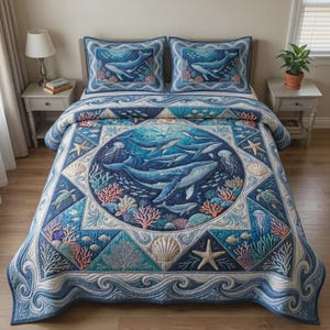 Puede incluir: Juego de edredón azul y blanco con diseño de vida marina. El edredón presenta ballenas, corales, estrellas de mar y otras criaturas marinas. El juego incluye un edredón y dos fundas de almohada a juego, creando una estética cohesiva.
