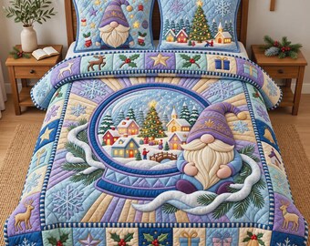 Juego de ropa de cama navideña con gnomos, manta de país de las maravillas invernal, decoración de dormitorio de pueblo nevado, juego de cama navideño
