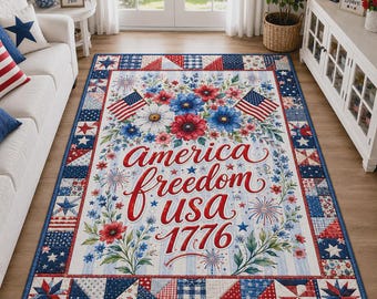 Alfombra America Freedom, alfombra patriótica con la bandera de EE. UU., tapete floral estilo americano, decoración del 4 de julio