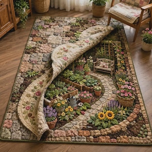 May include: A rectangular rug depicting a garden scene with a stone path, flower beds, and a small bench. The rug's design includes a variety of flowers and vegetables in pots and beds. The border of the rug is dark green.