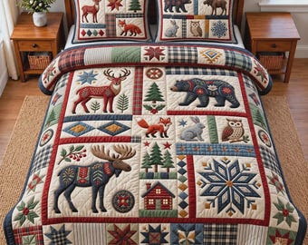 Juego de ropa de cama con motivos de animales del bosque, colcha rústica para cabaña, decoración de dormitorio con ciervos, osos y alces, acento para el hogar en una cabaña de invierno.