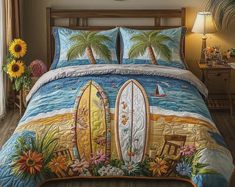 Juego de ropa de cama acolchada con estampado de playa tropical, colcha con diseño de tabla de surf y océano, cubrecama costero, estampado de palmeras, 3 piezas