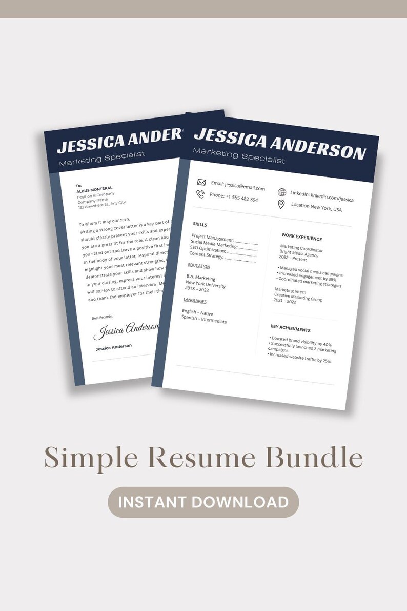 ATS Friendly Resume Template Canva Bundle | CV + Cover Letter ...