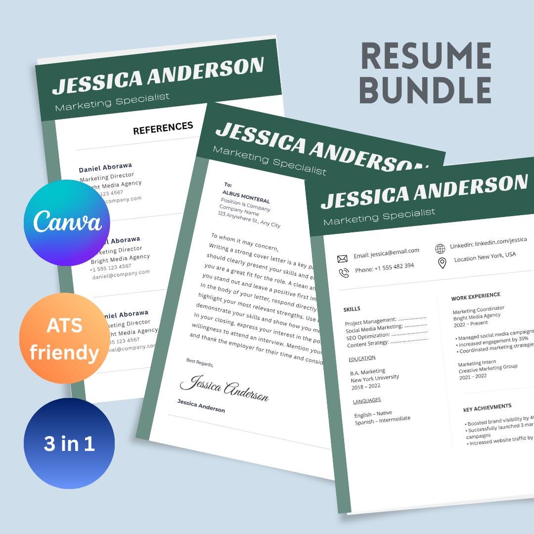 Modern Resume Template Bundle | ATS Friendly Canva CV + Cover Letter ...