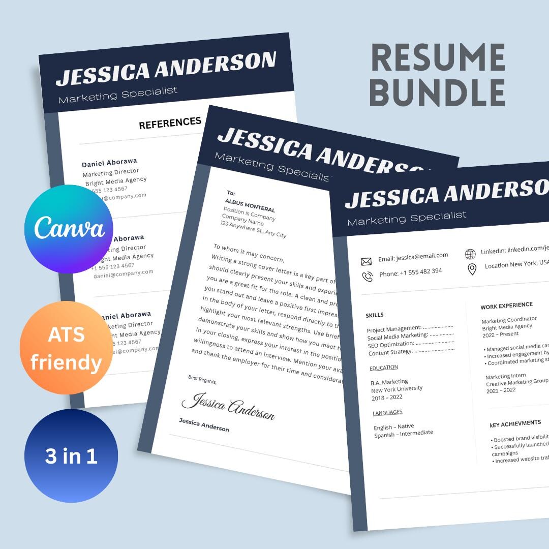 ATS Friendly Resume Template Bundle | Canva CV, Cover Letter, Refrences ...