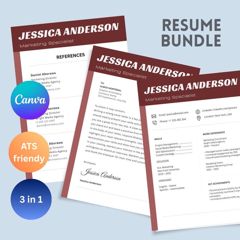 Modern ATS Friendly Resume Template Bundle (canva, CV, Cover Letter) - Etsy