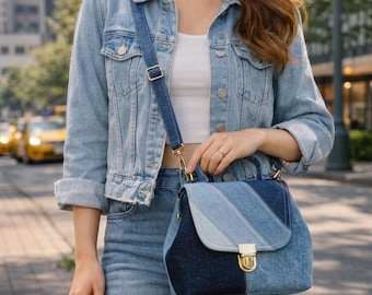 Recycled Denim Patchwork Shoulder Bag – Upcycled Jeans Crossbody Purse
