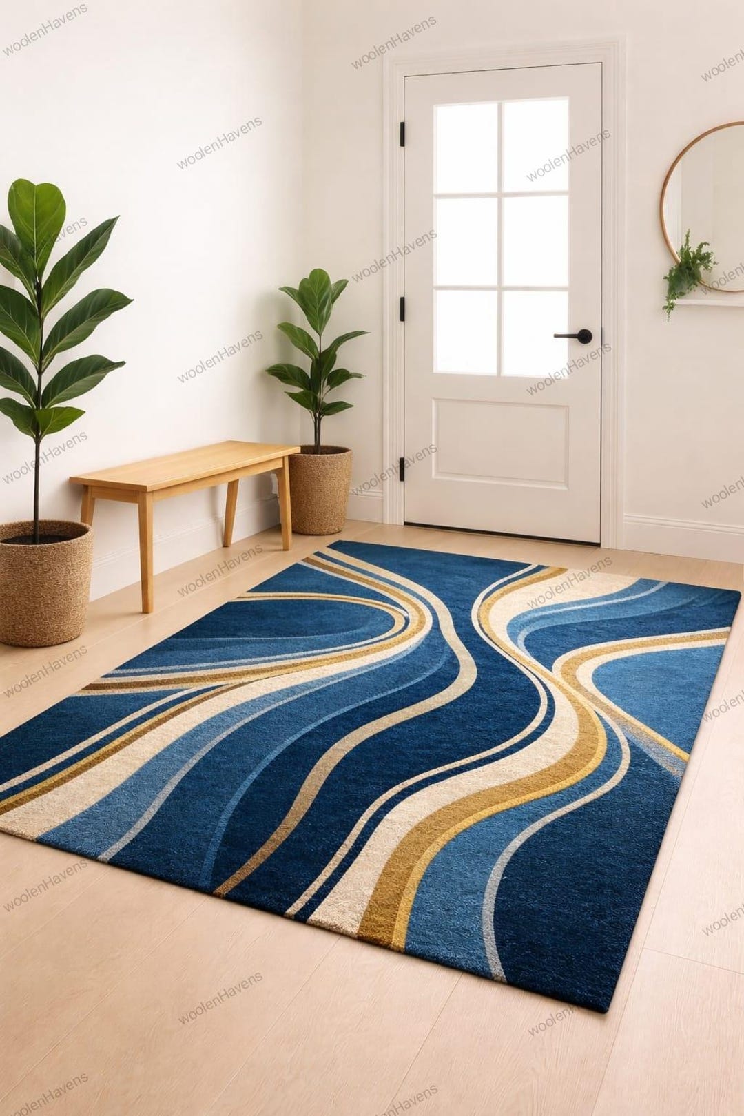 Modern Blue Abstract Hand Tufted Rug, Luxury Wave Pattern Area Rug ...