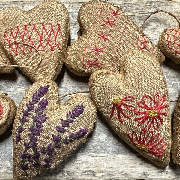 Primitive embroidery heart ornies