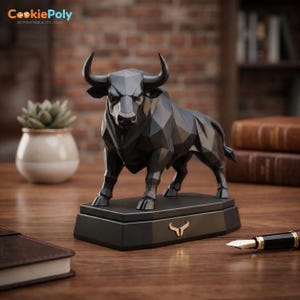 May include: A black geometric bull sculpture with a gold bull head logo on a black base. The sculpture is on a wooden desk with a pen and a notebook. The CookiePoly logo is in the top left corner.