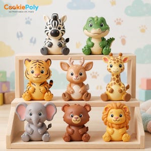 May include: A collection of eight small animal figurines arranged on a three-tiered wooden display stand. The figures include a zebra, alligator, tiger, deer, giraffe, elephant, bear, and lion, all featuring a smooth, cartoon-like design.