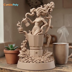 May include: A beige sculpture of a woman pouring coffee from a moka pot into a cup. The sculpture is surrounded by coffee beans and leaves. A small potted succulent and a coffee mug are also visible.