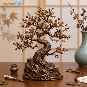 Peut inclure: Une sculpture couleur bronze représentant un arbre en fleurs avec un tronc torsadé et des fleurs détaillées, posée sur une base rocheuse. La sculpture présente des textures complexes sur l'écorce et les pétales, avec le texte CookiePoly 3D PRINTABLE STL FILES visible.