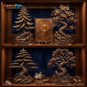 May include: Four bronze-coloured tree sculptures displayed on wooden shelves. Two sculptures are pine trees with textured needles, and two are flowering trees with blossoms. A brown book, a black pen, crystals, and a magnifying glass are included.