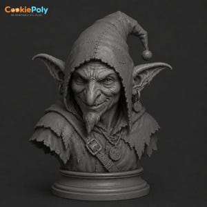 May include: A detailed grayscale bust of a goblin-like character with a mischievous grin, pointed ears, and a hooded hat. The bust features intricate details, including a beard, a necklace, and a strap across the chest. The text "CookiePoly" is visible.