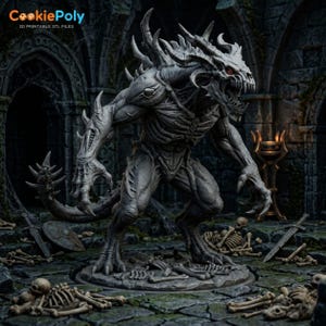 May include: A grey, detailed 3D printed figurine of a monstrous creature with sharp horns, spikes along its back, and a long tail. The creature has an open mouth with visible teeth and stands on a base surrounded by scattered human skeletal remains.