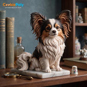 May include: A detailed figurine of a Papillon dog with long, feathered ears and a tri-color coat of white, brown, and black fur. The dog is sitting in an alert posture on a rectangular white marble base, featuring intricate sculpted fur textures.