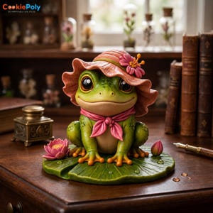 May include: A green frog figurine wearing a pink sun hat with a flower and a matching pink neck scarf. The frog sits on a green lily pad base with a small pink lotus flower and a bud. The text CookiePoly 3D PRINTABLE STL FILES is visible.