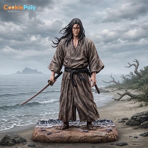 May include: A 3D-printed figurine of a samurai warrior on a rocky base at the beach. The samurai is dressed in a brown robe and holds two swords. The background shows the ocean, a cloudy sky, and the text "CookiePoly 3D Printable Stickers".