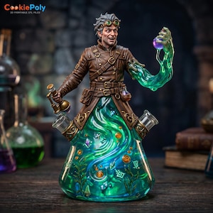 May include: A figurine of a scientist with gray hair and goggles wearing a brown leather coat. The lower body transitions into a large glass flask filled with glowing green liquid, swirling patterns, and small crystals. One arm holds a purple potion.