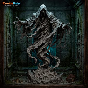 May include: A gray 3D printed figurine of a hooded wraith with an open mouth, tattered robes, and outstretched clawed hands holding chains. The figure stands on a rocky base with scattered coins, a small book, and a key in a stone chamber.