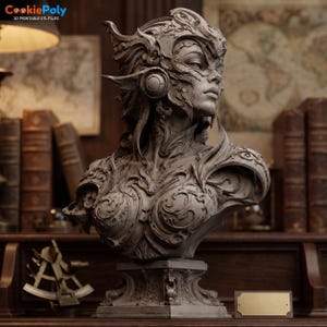 May include: A grey monochromatic bust sculpture of a figure wearing an ornate, swirling helmet and chest armor with intricate filigree details. The figure has a stoic expression and is mounted on a square pedestal base with decorative carvings.