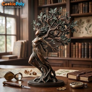 May include: A bronze-toned sculpture depicting a human figure merging with a tree, featuring flowing limbs that transition into branches with detailed leaves. The figure stands on a circular base, with a magnifying glass and tool nearby.