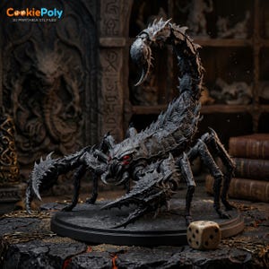 May include: A dark grey, highly detailed scorpion figurine with a curved tail, sharp pincers, and glowing red eyes. The creature stands on a circular black base next to a small, cream-coloured six-sided die. The surface features a cracked texture.