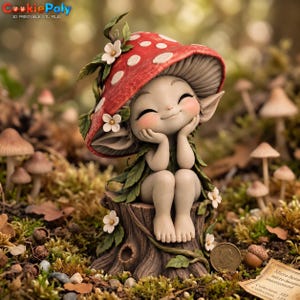 May include: A figurine of a small creature with pointed ears sitting on a tree stump, wearing a large red mushroom cap with white spots as a hat. The creature has its hands on its cheeks, green leaves around its body, and small white flowers.