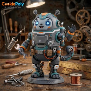 May include: A gray and teal robot figurine with glowing blue eyes, holding a metal wrench in one hand and waving with the other. The robot features a utility belt with pouches, a tail, and gear-like details, standing on a circular base.