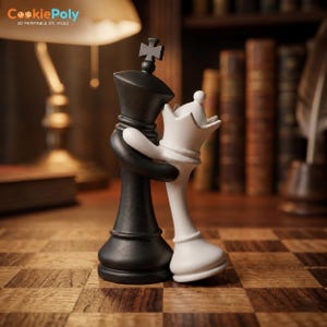 May include: A black and white chess set piece depicting a king hugging a queen. The black king has a cross on top, and the white queen has a crown. The pieces are on a wooden chessboard, with a blurred background of books and a lamp.