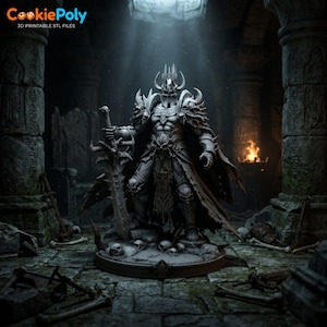 May include: A gray 3D printed figurine of a warrior in spiked armor and a horned helmet, holding a large ornate sword. The figure stands on a circular base decorated with skulls, set within a stone chamber with pillars and scattered bone debris.