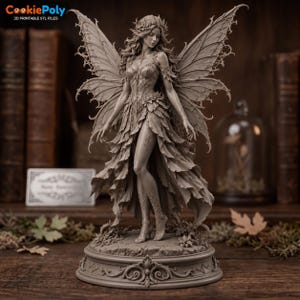 May include: A monochromatic grey figurine of a fairy with large, intricate, leaf-like wings and a dress composed of layered foliage. The figure stands on a circular, ornate base, featuring pointed ears, long flowing hair, and a crown of leaves.