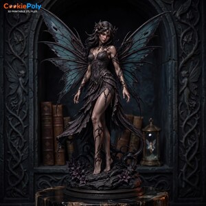 May include: A detailed figurine of a fairy with large, dark, teal-veined wings and a tattered, dark-colored dress. The figure stands on a base adorned with dark flowers and vine-like patterns, featuring intricate textures and a somber aesthetic.