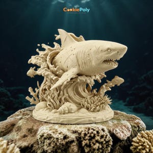 Archivo STL 3D de tiburón blanco: escultura detallada de diorama oceánico (descarga digital)