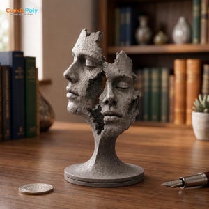 May include: A gray sculpture of two faces, one profile and one frontal, with a textured, weathered appearance. The sculpture is on a round base and sits on a wooden surface. The CookiePoly logo is in the top left corner.