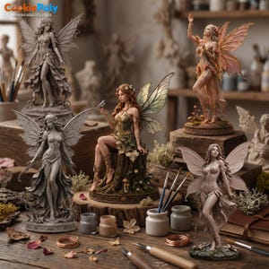 May include: Five fairy figurines in various poses, including four monochromatic grey statues and one coloured figure sitting on a tree stump. The coloured fairy has green clothing, translucent wings, and holds a small bird. The text CookiePoly is visible.