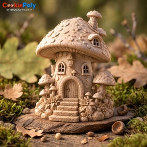 May include: A light brown, 3D-printed mushroom-shaped house featuring a textured cap, a central arched door, stone steps, small windows, and a chimney. The structure is surrounded by smaller mushroom figures and foliage details on a wooden base.
