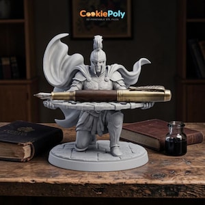 May include: A gray 3D-printed statue of a kneeling Roman soldier holding a fountain pen. The pen has a brown barrel and gold accents. The statue is on a round base, with the CookiePoly logo in the top left corner.