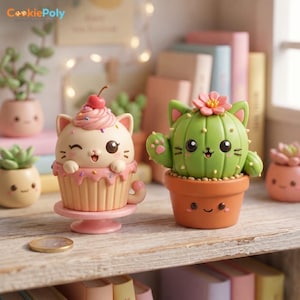 May include: Two small decorative figurines: one is a cream-colored cat shaped like a cupcake with a cherry on top, and the other is a green cactus shaped like a cat with a pink flower, both sitting on a wooden surface with a small coin nearby.