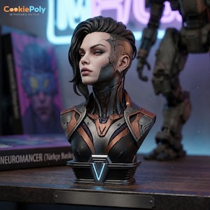 May include: A futuristic bust of a woman with dark hair and cybernetic enhancements. The sculpture features a metallic color scheme with copper and silver accents. The base has a glowing blue V-shaped design. The background includes a neon sign and a robot figure.