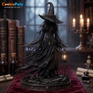 Peut inclure: Une figurine sombre et détaillée représentant une sorcière vêtue d'une robe noire fluide et déchiquetée avec un chapeau pointu. La silhouette repose sur une base rocheuse et tient une petite lanterne lumineuse. Le design présente des textures de tissu effiloché.