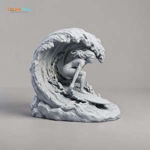 May include: A gray sculpture of a surfer riding a large wave. The surfer is in a crouched position on a surfboard, with the wave cresting over them. The sculpture is detailed, capturing the movement and power of the ocean.