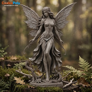 May include: A grey, monochromatic 3D-printed figurine of a fairy with large, intricate, leaf-like wings. The figure wears a detailed bodice and a flowing, layered skirt with vine-like textures, standing on a base decorated with roots and foliage.