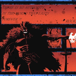 May include: A red-toned graphic print featuring a central silhouette of a figure with spiky hair and a fur-lined cape. Text reads: JUST WAIT ONE DAY!!! THERE IS NO AUTHORITY IN THE WORLD THAT LASTS FOREVER !!! ROCKS. D. XEBEC. Includes smaller character panels.