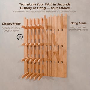 An infographic showing a light wood slatted wall rack with hooks in two positions, labeled "Display Mode" and "Hang Mode," with text overlay.